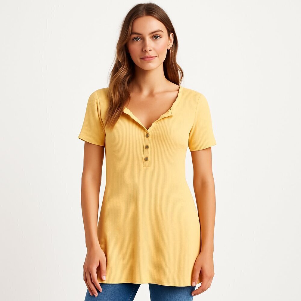 Free People Beach Ribbed Henley Top Yellow Medium